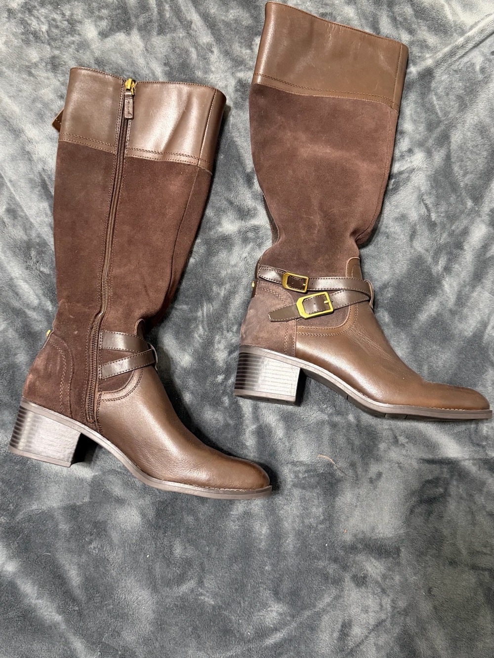 Franco Sarto Brown Two-Tone Knee-High Buckle Riding Boots